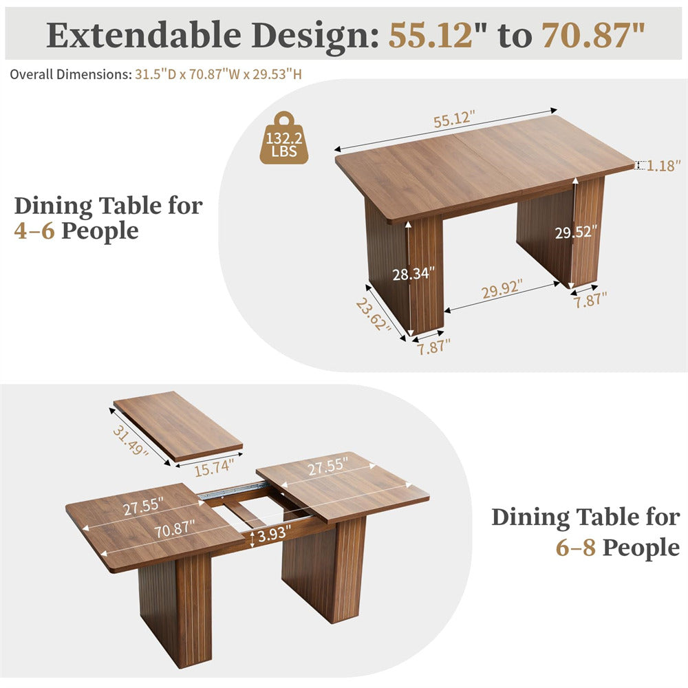 Walnut 55 in–71 in Extendable Rectangular Kitchen Dining Table with Carved Line Base for 4–8