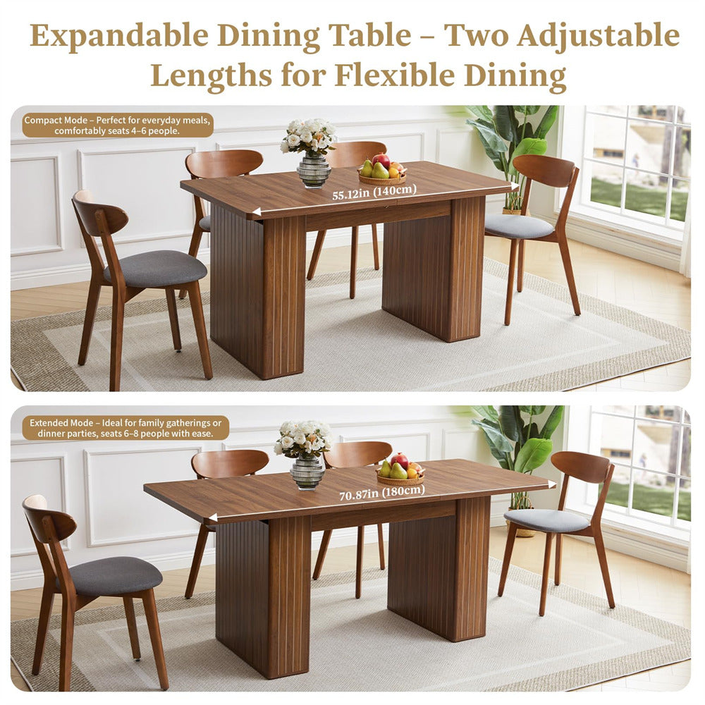 Walnut 55 in–71 in Extendable Rectangular Kitchen Dining Table with Carved Line Base for 4–8