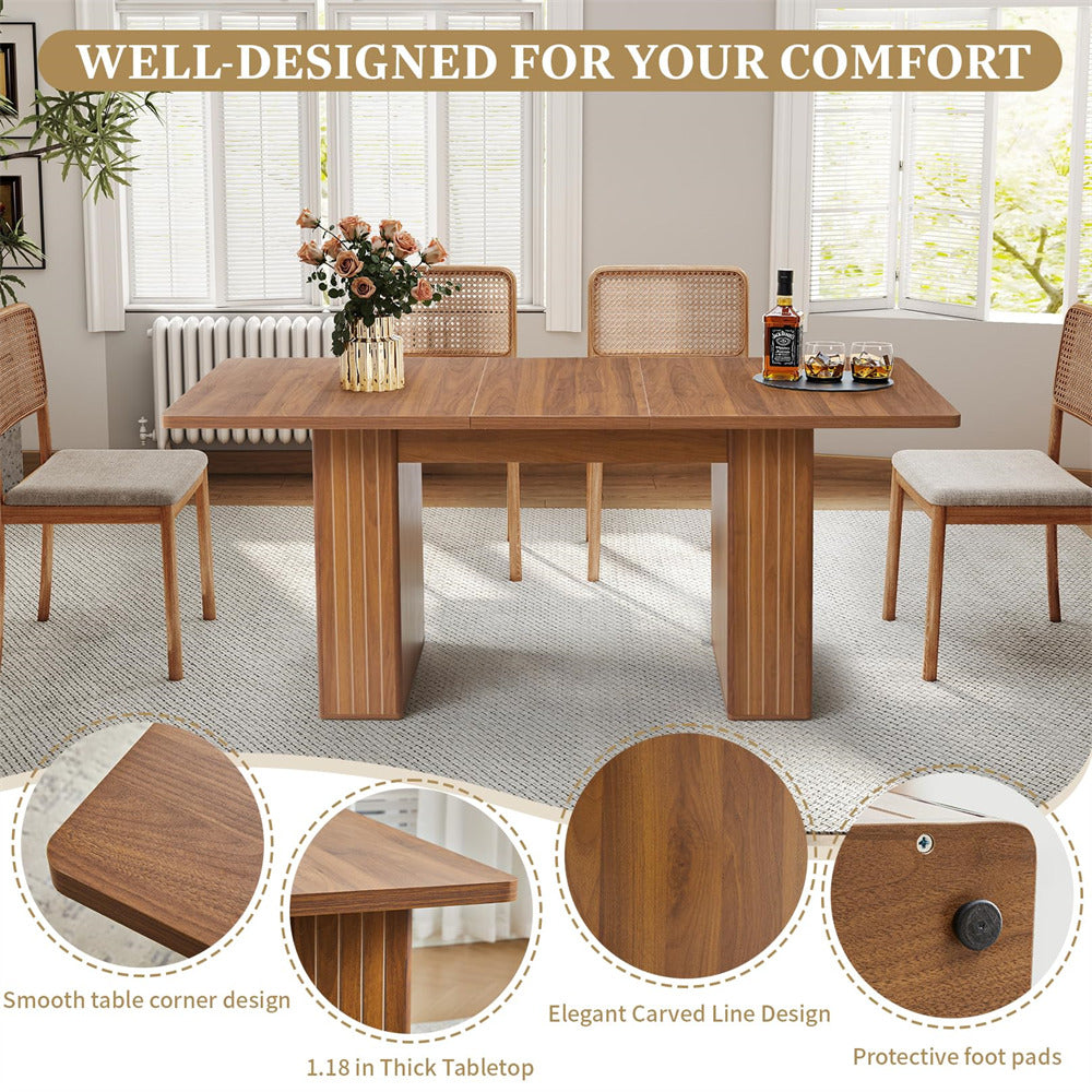 Walnut 55 in–71 in Extendable Rectangular Kitchen Dining Table with Carved Line Base for 4–8