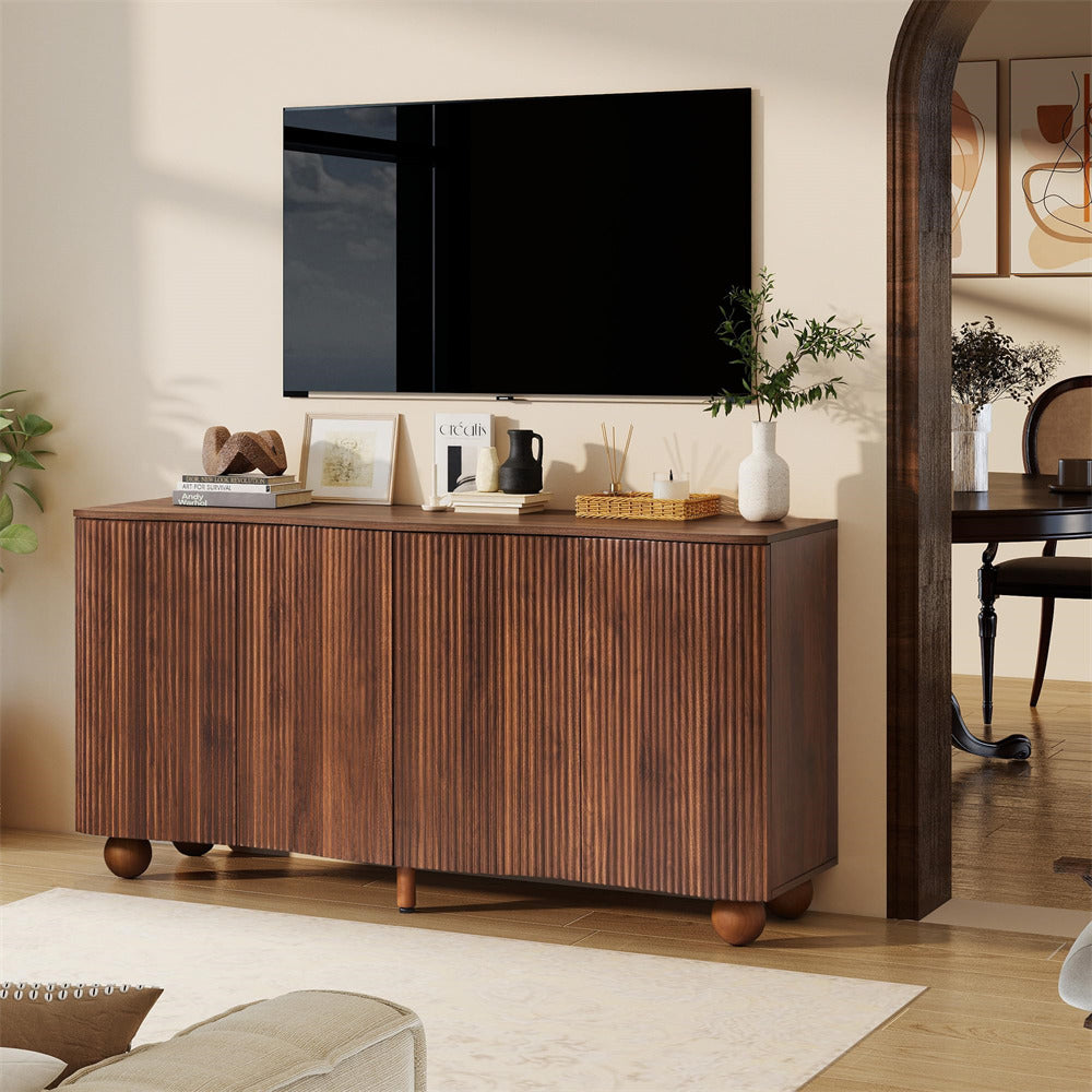 Walnut 58" Curved Wave Fluted Sideboard Buffet Storage Cabinet with 4 Doors and Adjustable Shelves