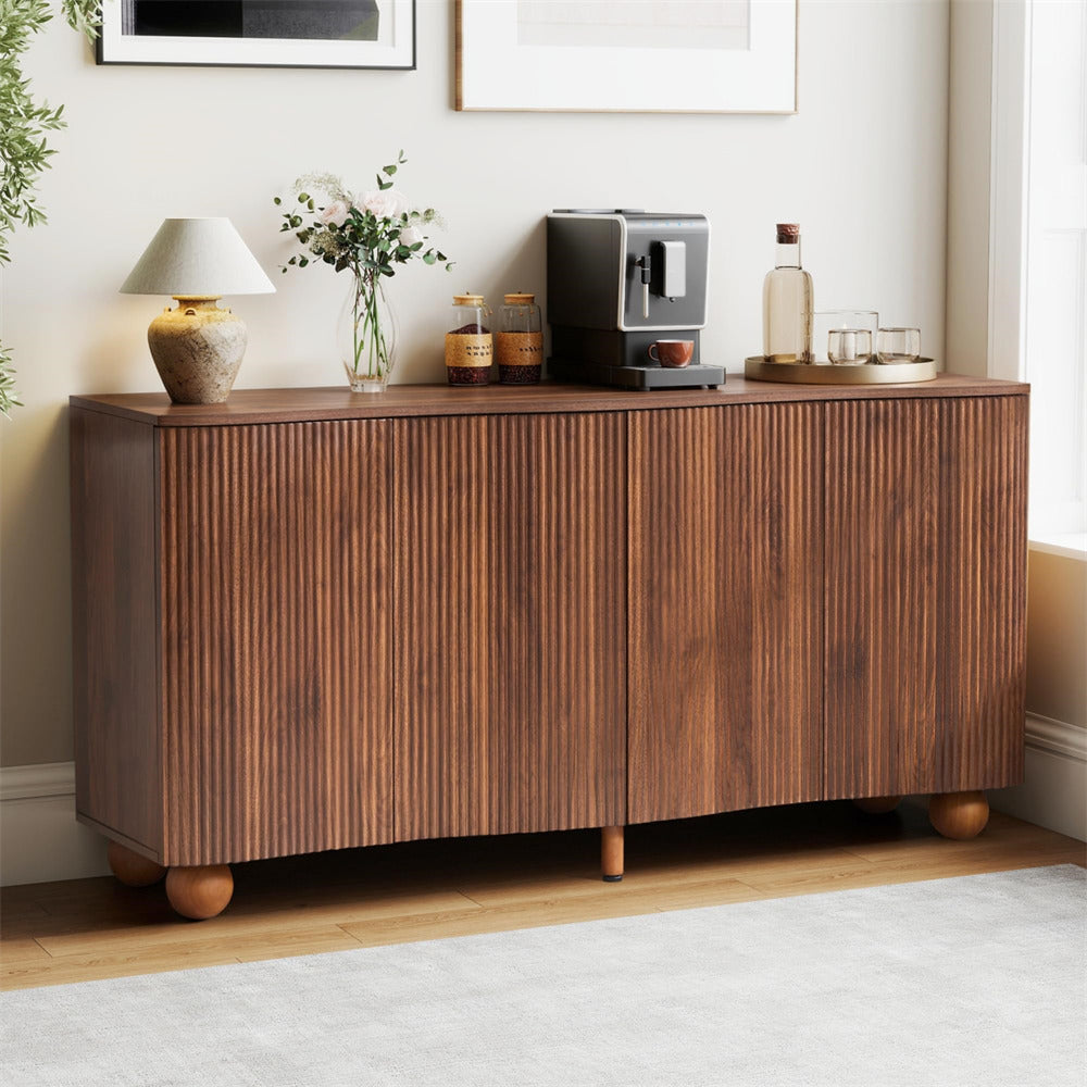 Walnut 58" Curved Wave Fluted Sideboard Buffet Storage Cabinet with 4 Doors and Adjustable Shelves