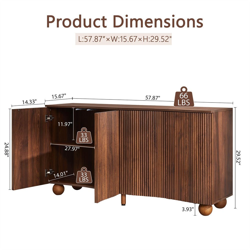 Walnut 58" Curved Wave Fluted Sideboard Buffet Storage Cabinet with 4 Doors and Adjustable Shelves
