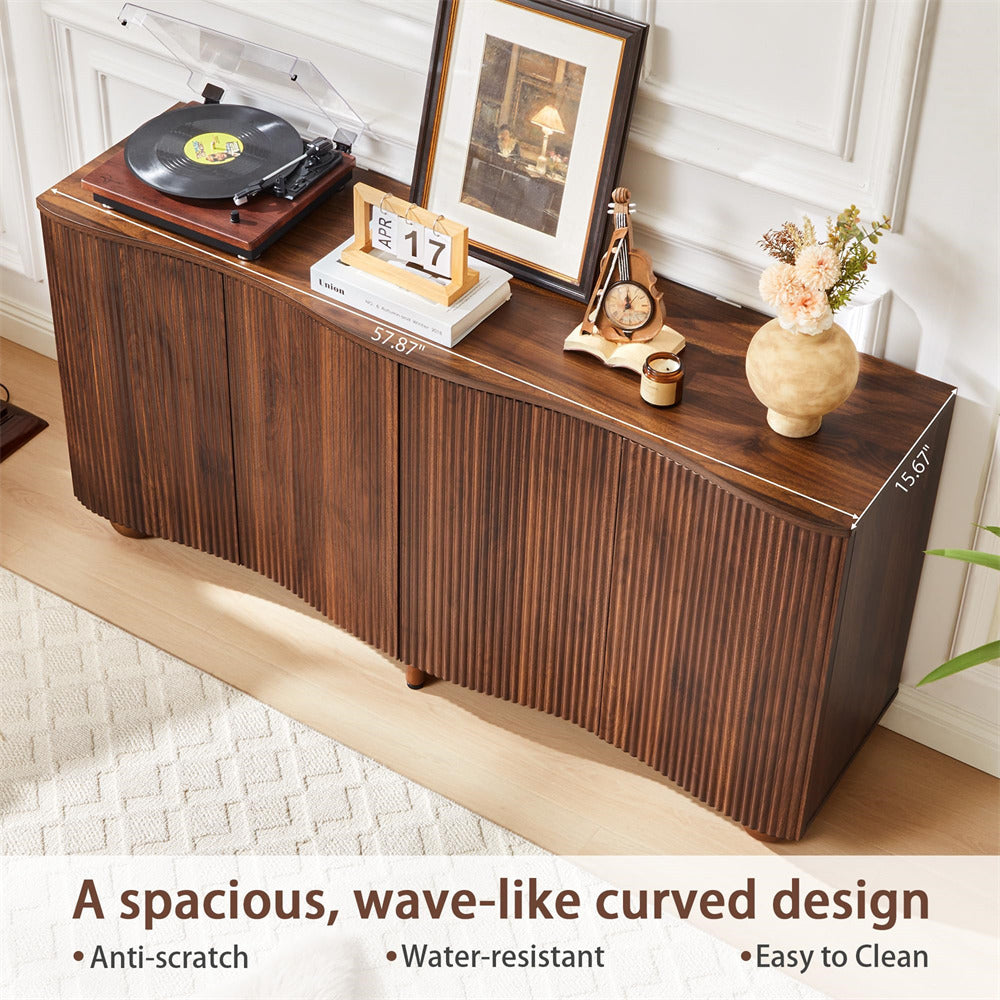 Walnut 58" Curved Wave Fluted Sideboard Buffet Storage Cabinet with 4 Doors and Adjustable Shelves