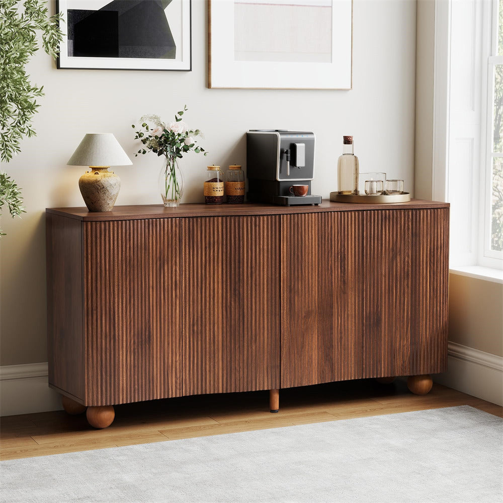Walnut 58" Curved Wave Fluted Sideboard Buffet Storage Cabinet with 4 Doors and Adjustable Shelves