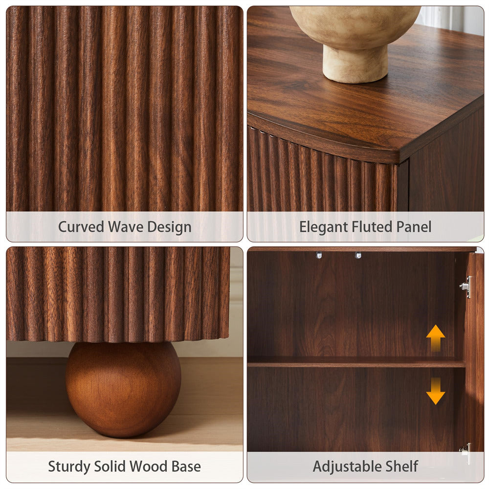 Walnut 58" Curved Wave Fluted Sideboard Buffet Storage Cabinet with 4 Doors and Adjustable Shelves