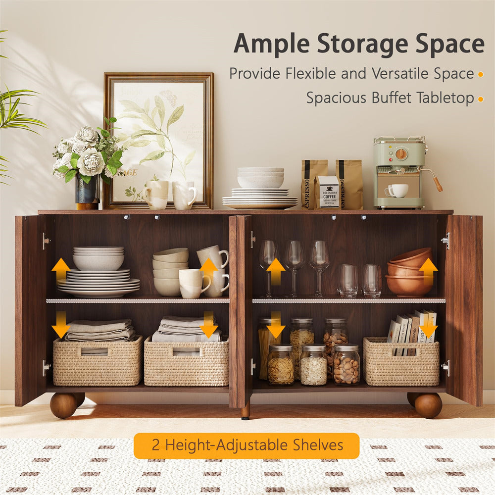Walnut 58" Curved Wave Fluted Sideboard Buffet Storage Cabinet with 4 Doors and Adjustable Shelves