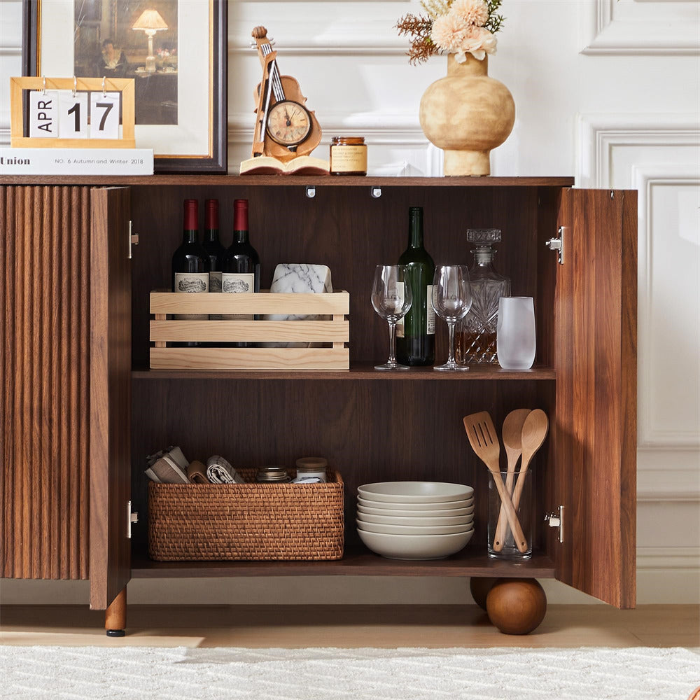 Walnut 58" Curved Wave Fluted Sideboard Buffet Storage Cabinet with 4 Doors and Adjustable Shelves