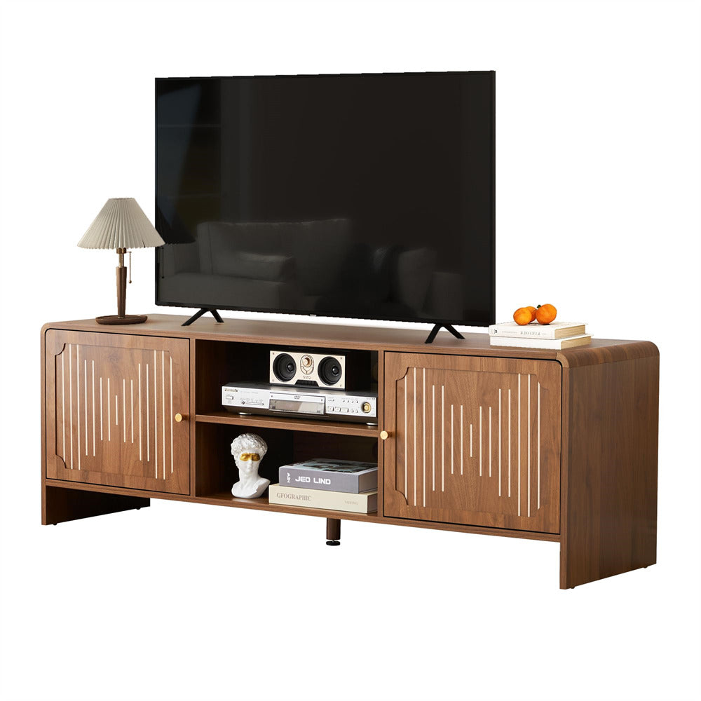 Wooden TV stand with a television mounted on it, featuring decorative items.