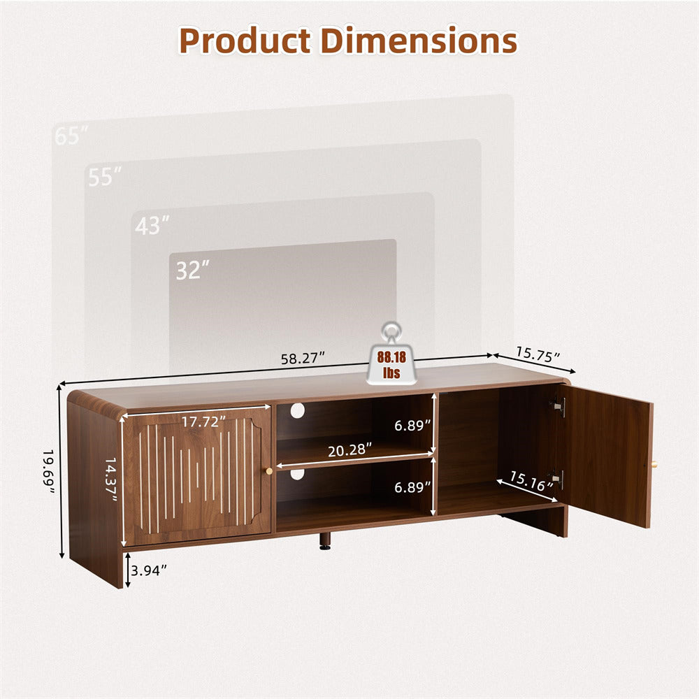 Wooden TV stand with dimensions labeled on a white background