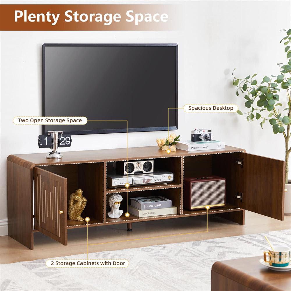 Wooden TV stand with storage compartments in a living room setting, emphasizing storage space.