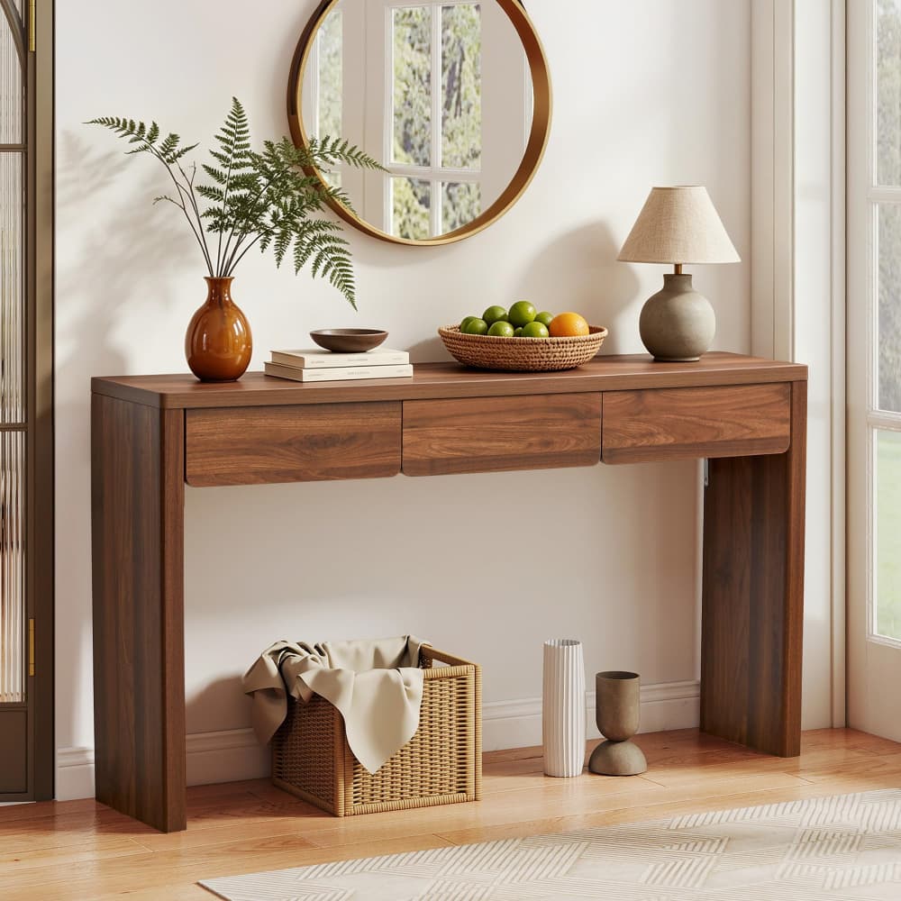 Walnut 59.06'' Mid-Century Modern Narrow Entryway Table with Outlet and 3 Drawers