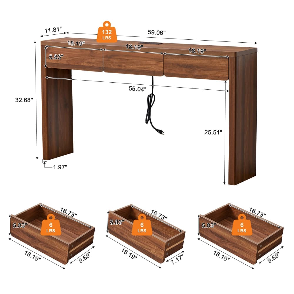 Walnut 59.06'' Mid-Century Modern Narrow Entryway Table with Outlet and 3 Drawers Size