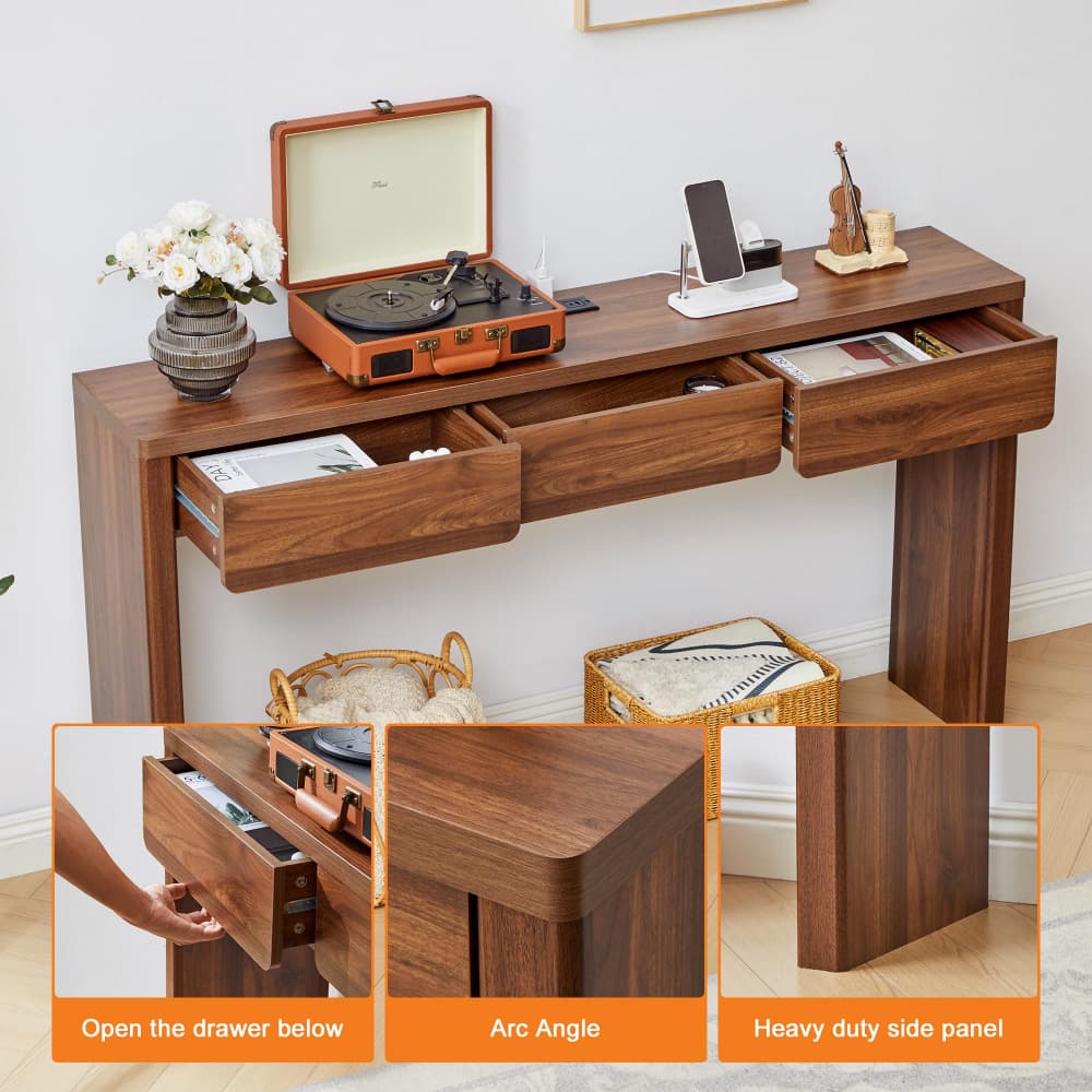 Walnut 59.06'' Mid-Century Modern Narrow Entryway Table with Outlet and 3 Drawers