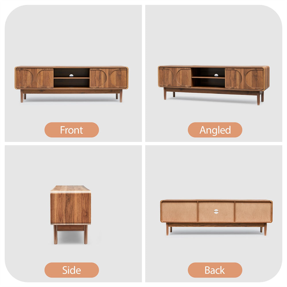 Wooden TV stand shown from front, angled, side, and back perspectives on a white background.