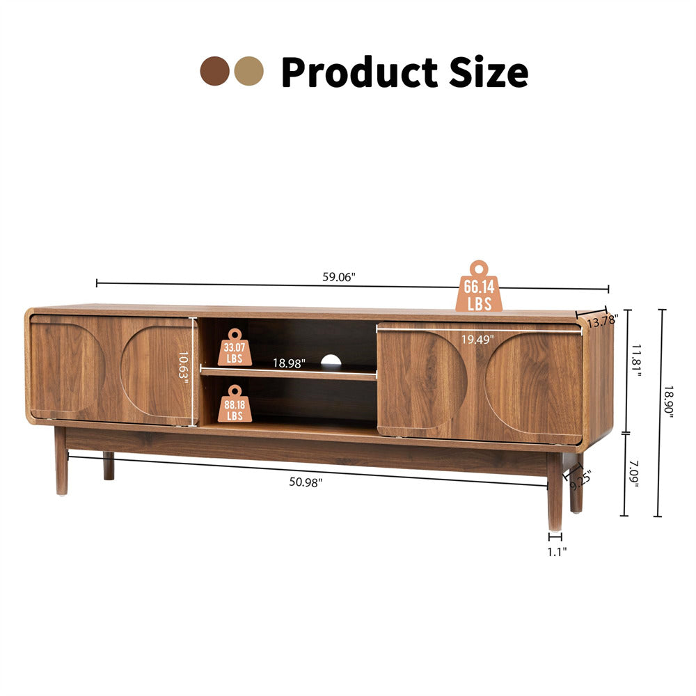 Wooden 59" TV stand with dimensions and weight label on a white background