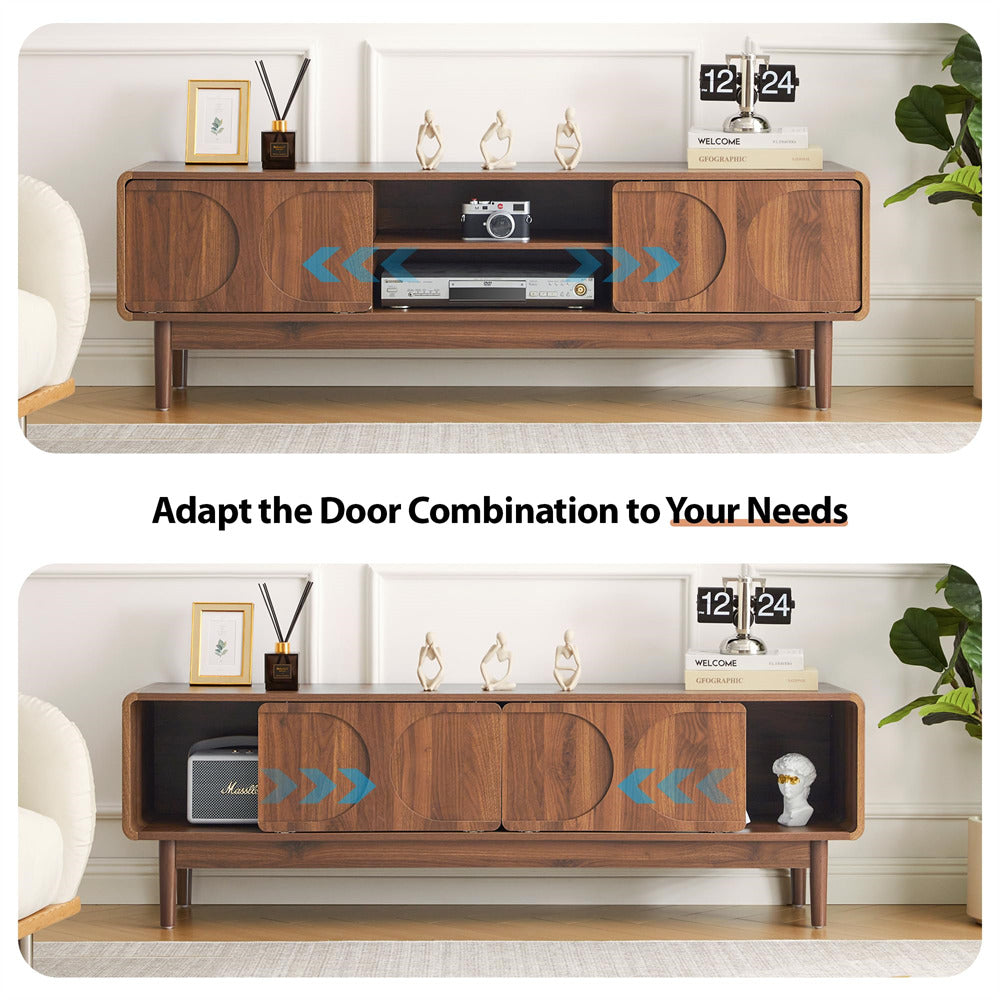 Wooden entertainment console with adjustable door combinations in a home setting.