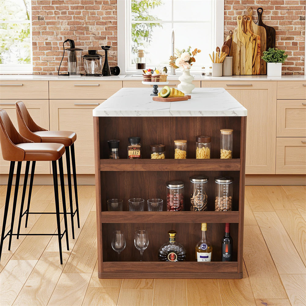 Wooden kitchen island with bar stools in a modern kitchen setting