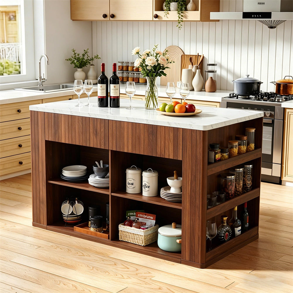 Walnut 59" Modern Wood Kitchen Island with Storage & Faux Marble Top