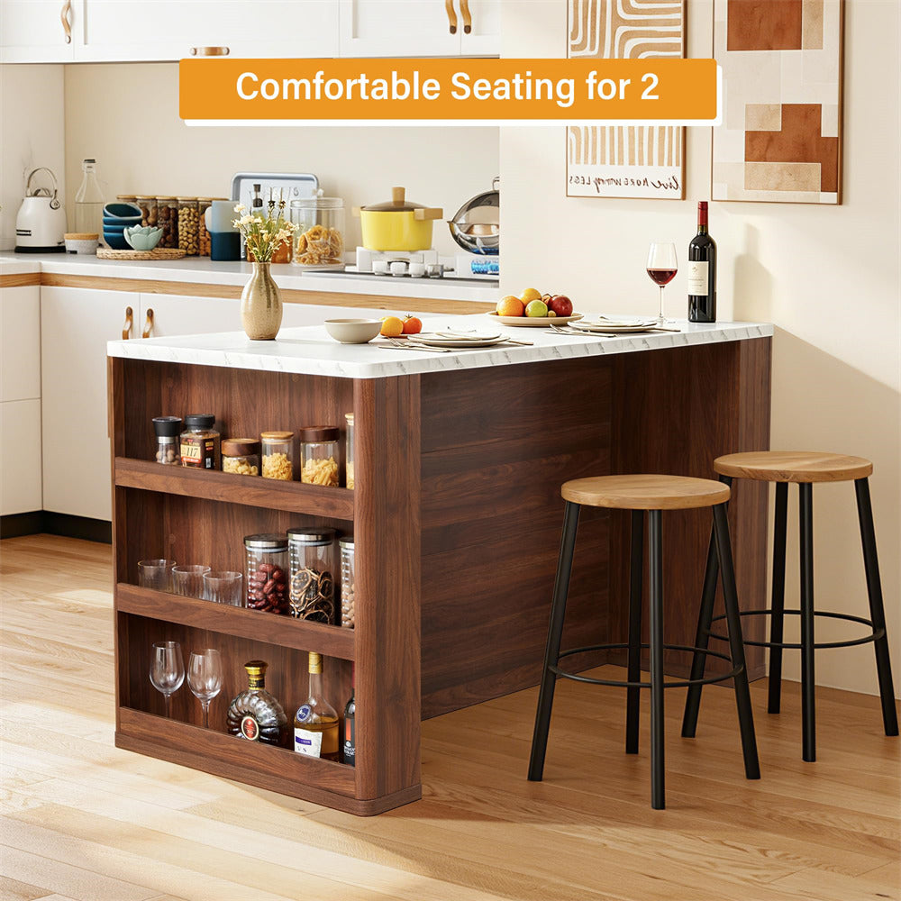Wooden kitchen island with bar stools and wine glasses in a modern kitchen setting.