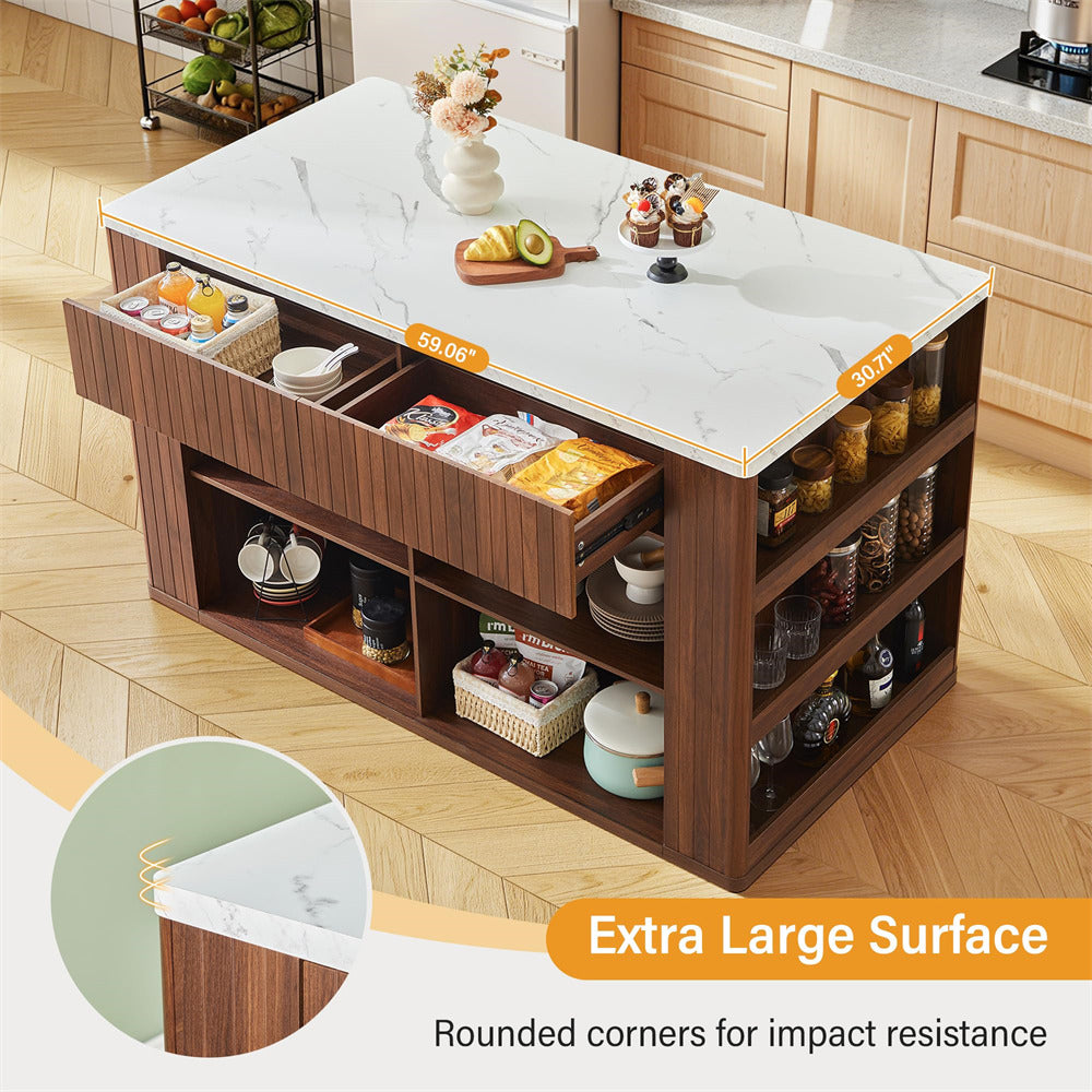 Wooden kitchen island with storage compartments and marble-like surface in a kitchen setting.