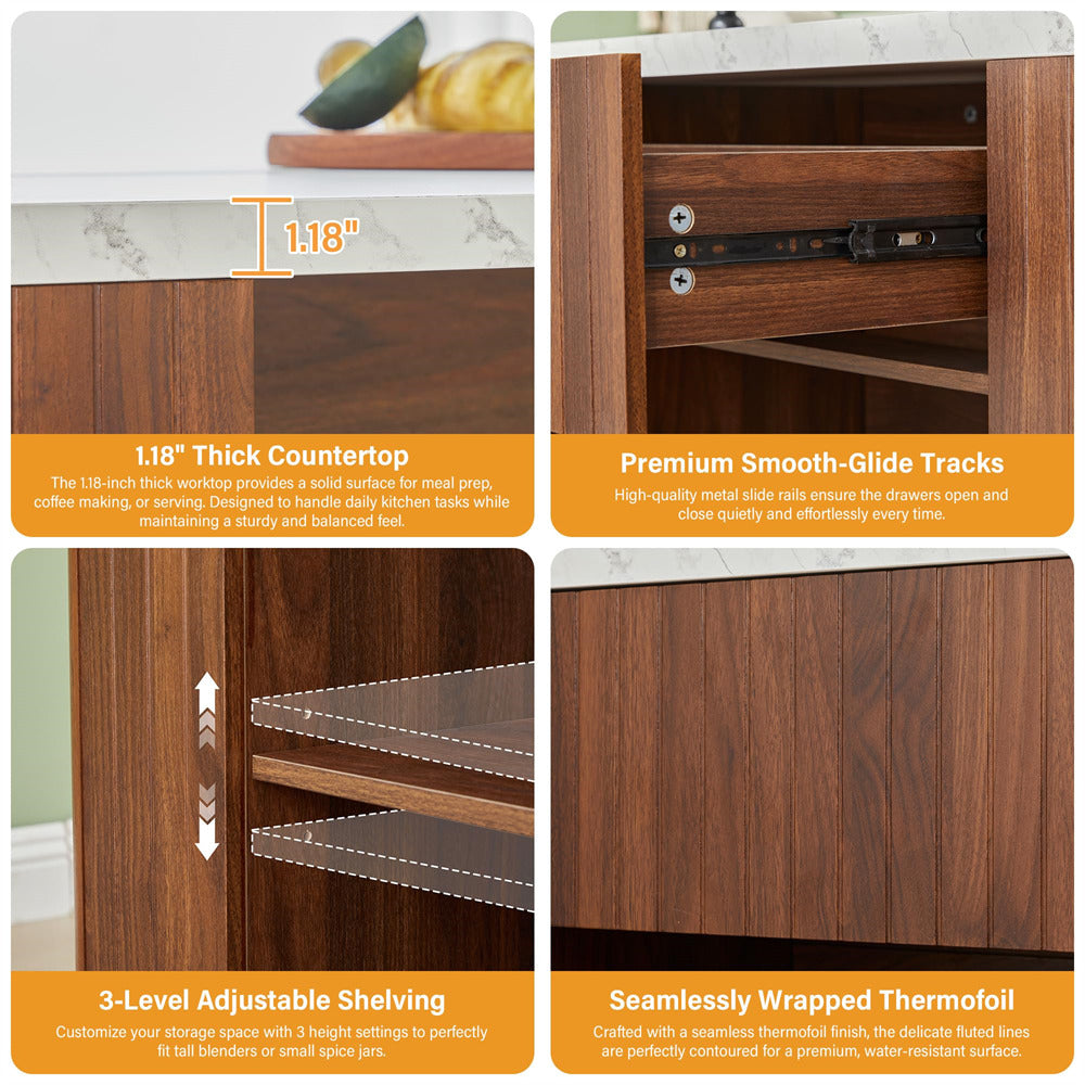 Walnut 59" Modern Wood Kitchen Island with Storage & Faux Marble Top
