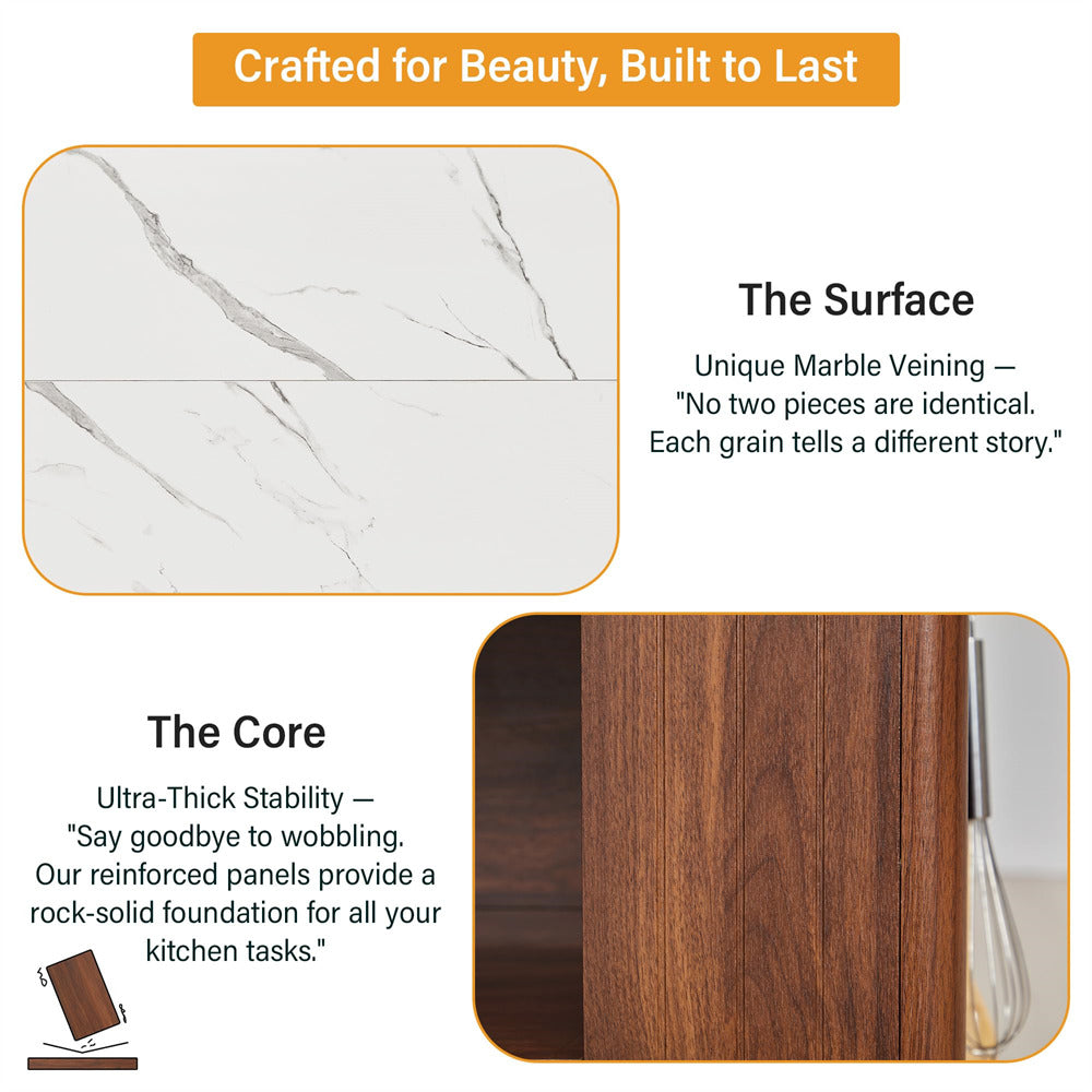 Product advertisement highlighting marble veining and core stability of a kitchen surface.