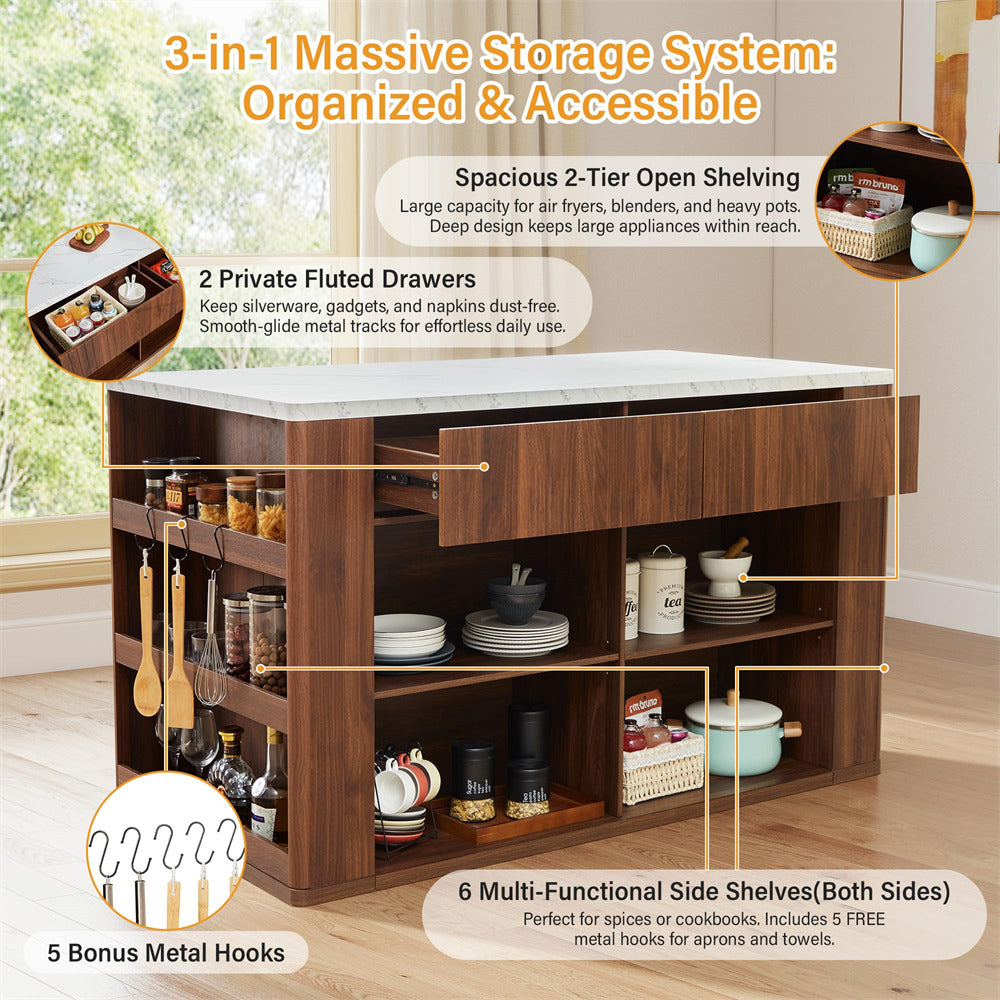 Wooden kitchen island with storage shelves and drawers, featuring text on its features.