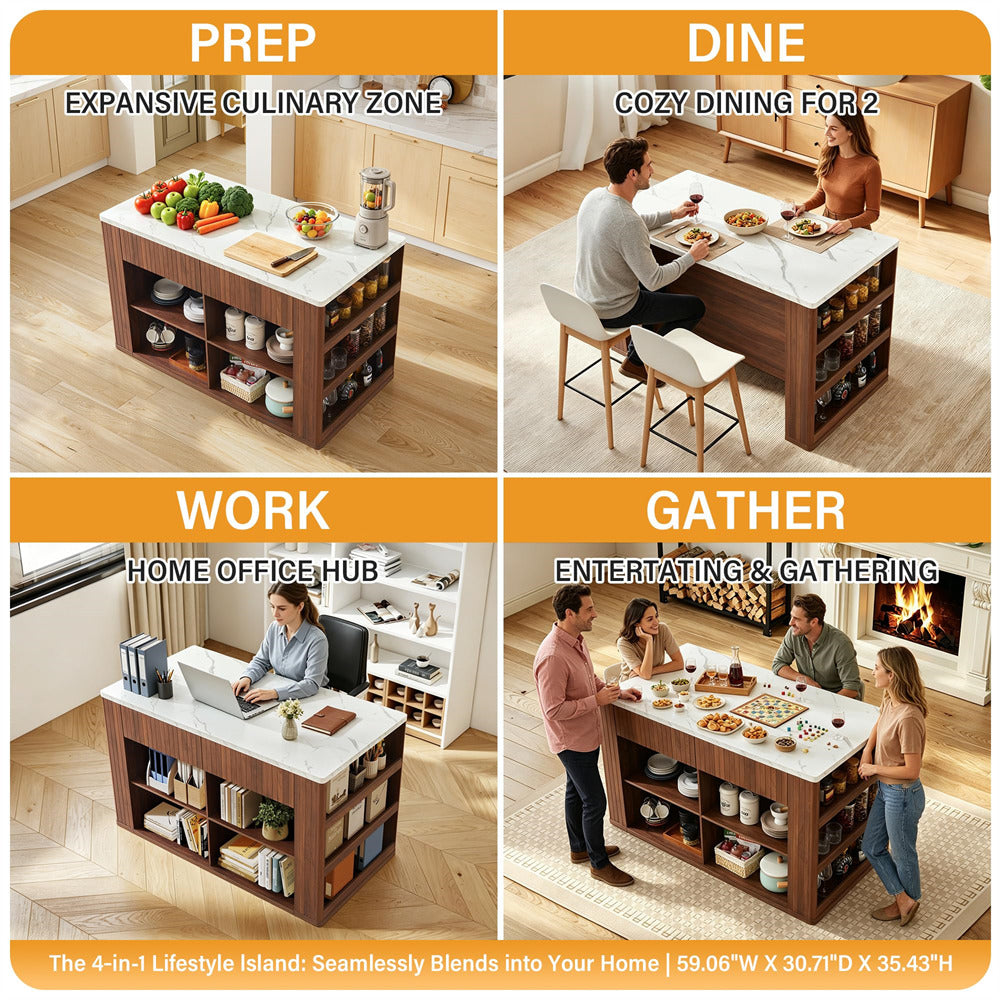 Multifunctional kitchen island in a home setting with prep, dine, work, and gather functions.