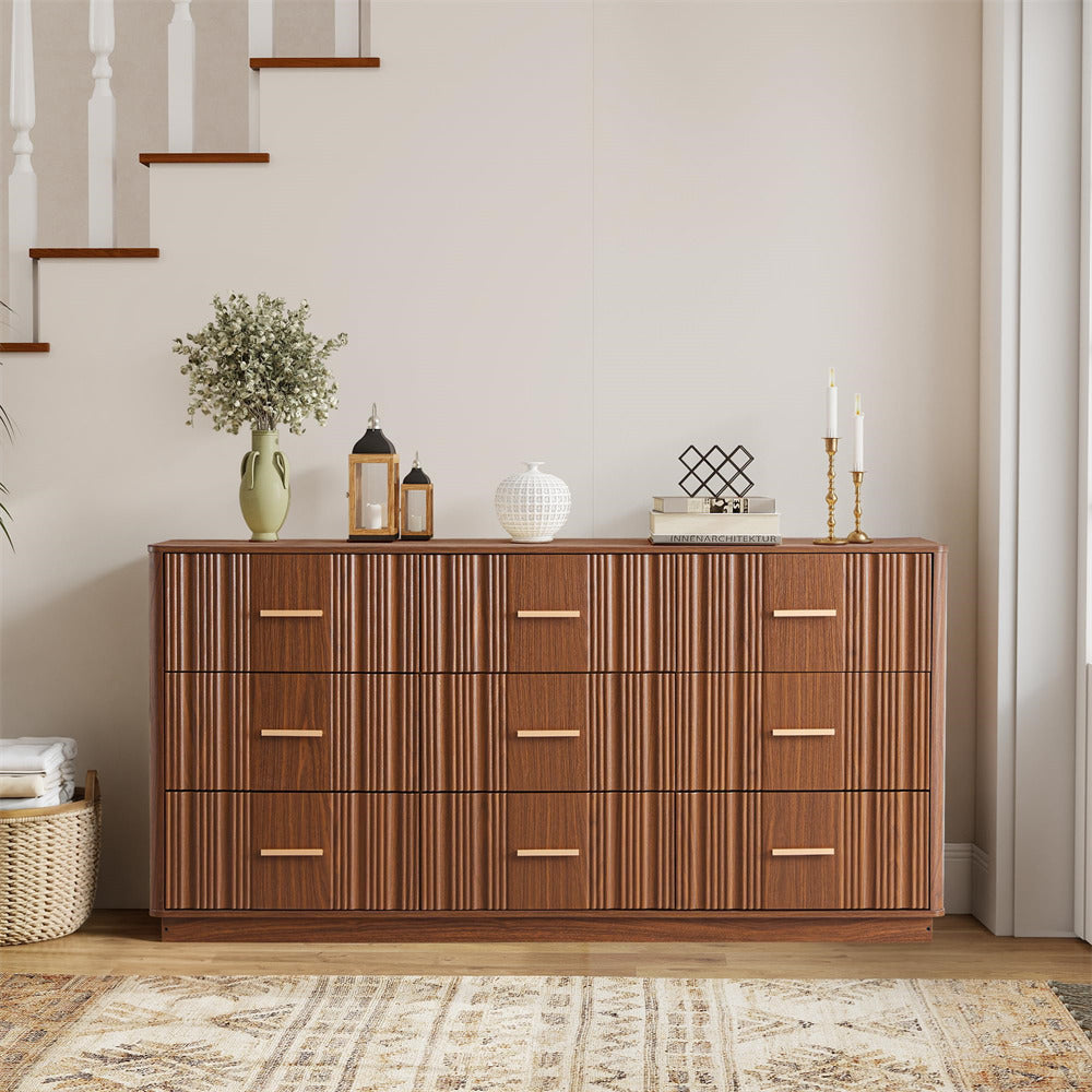 Wooden 9 drawers dresser with decorative items in a room with a staircase.