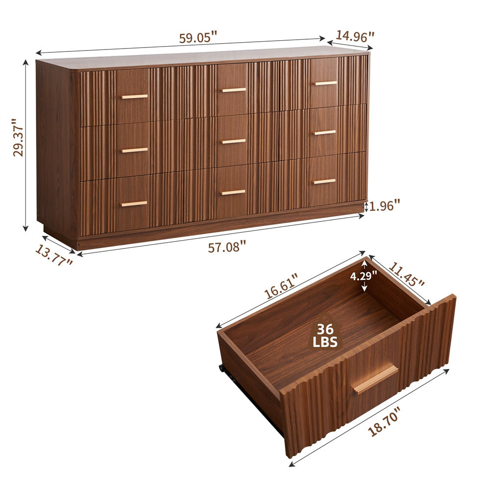 Wooden dresser with dimensions labeled on a white background