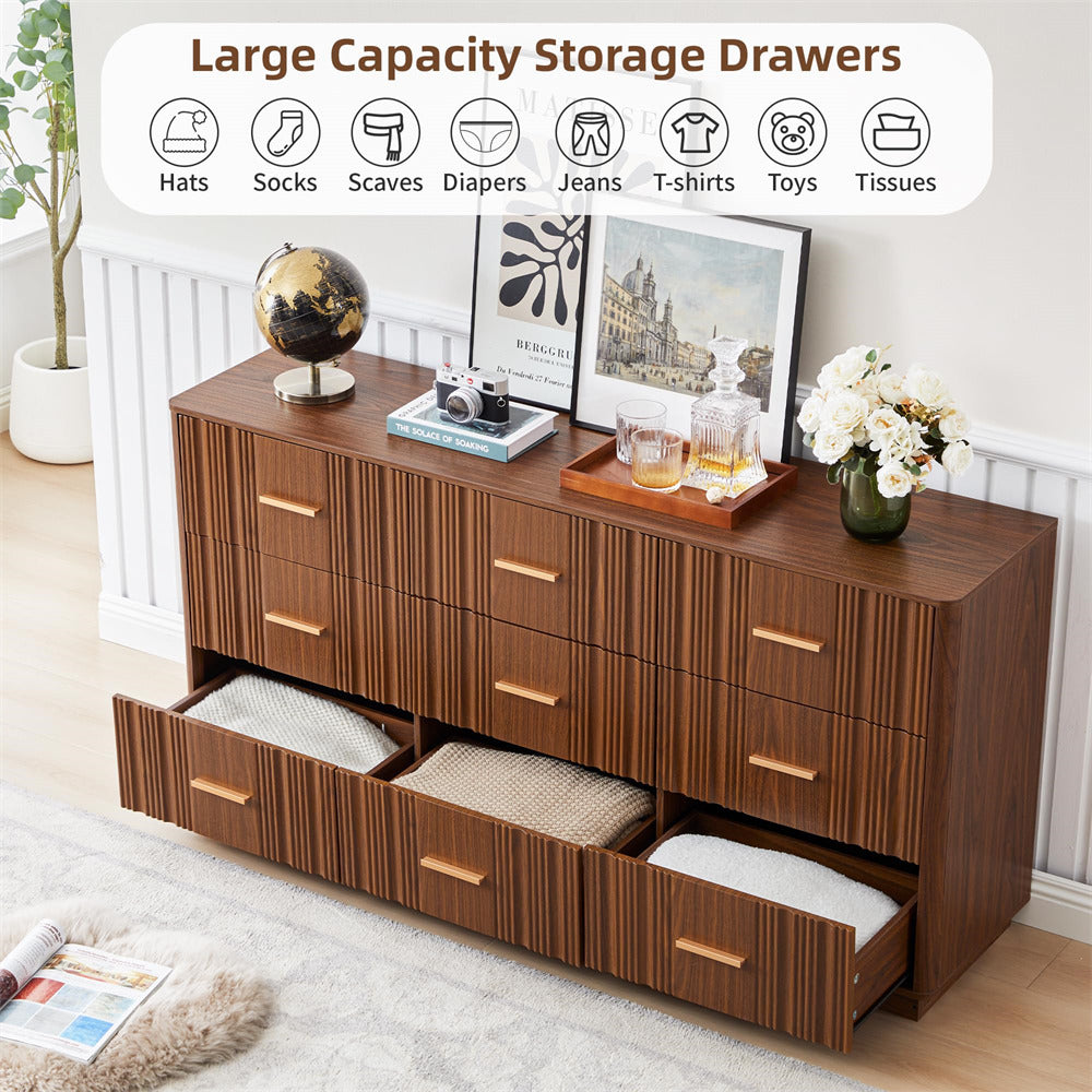 Wooden 9 drawers dresser with large capacity storage drawers in a room setting.