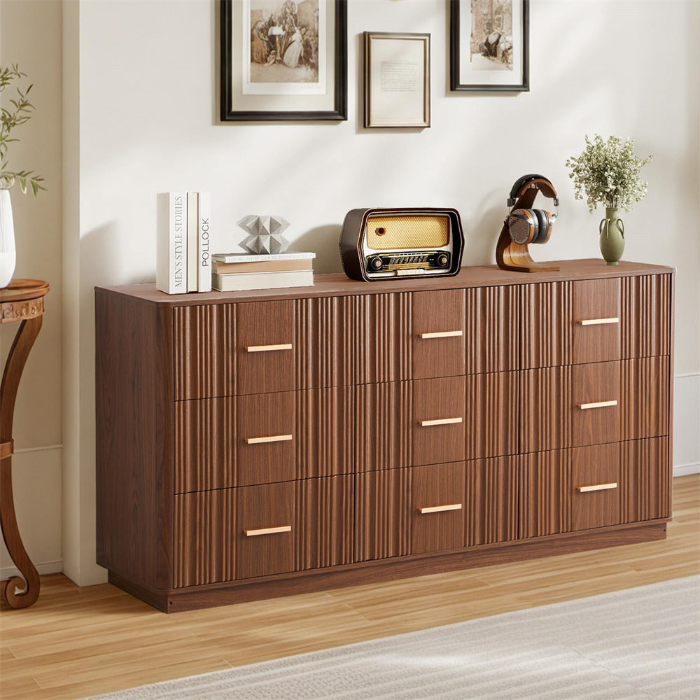 Wooden 9 drawers dresser with decorative items in a room setting