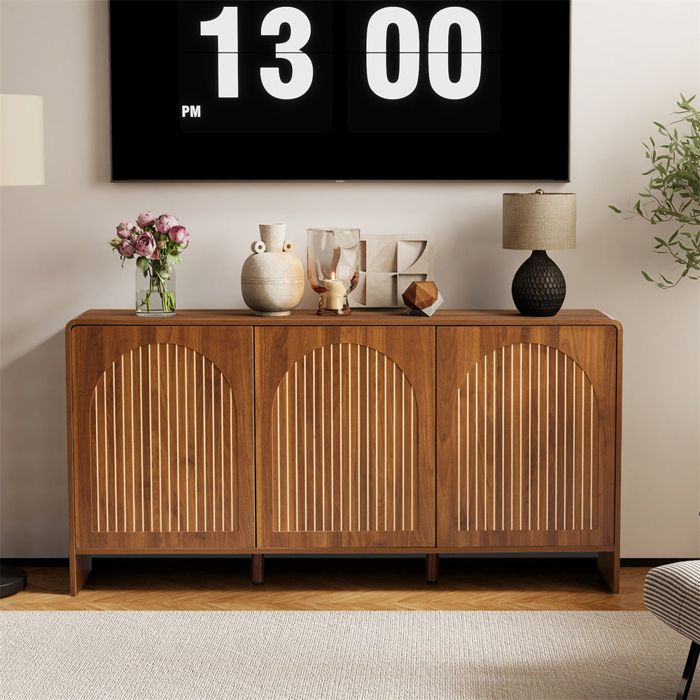Wooden sideboard with decorative items and a digital clock on the wall.
