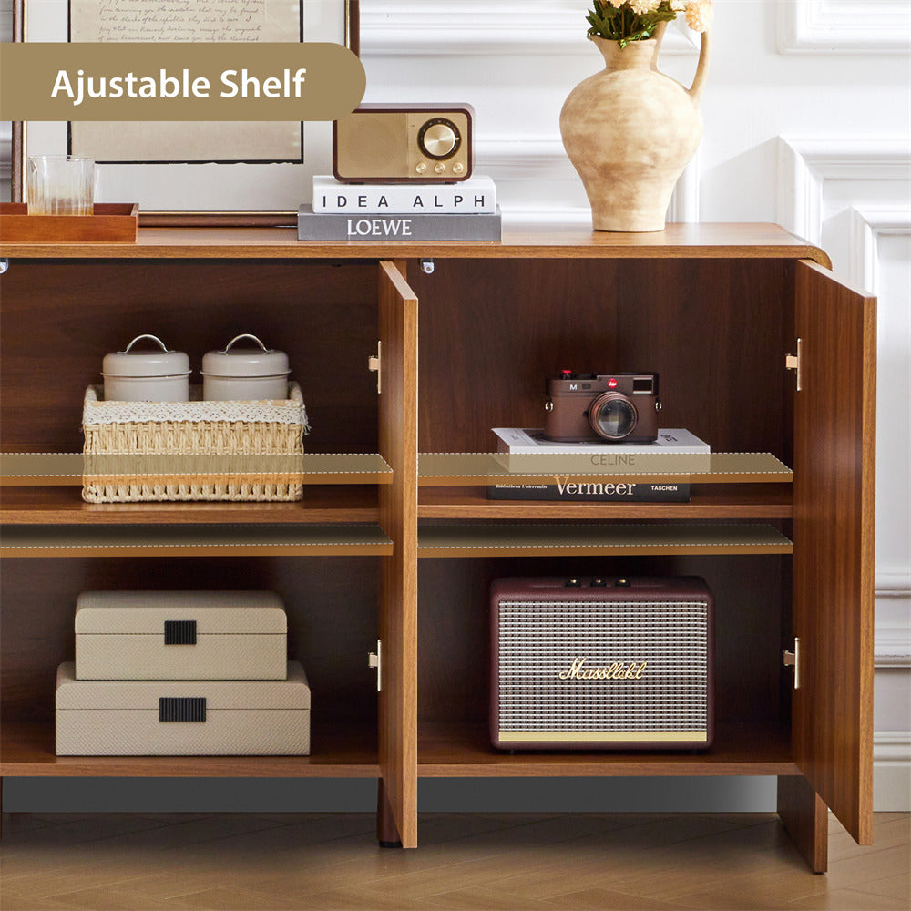 Wooden cabinet with open doors displaying various items on shelves.