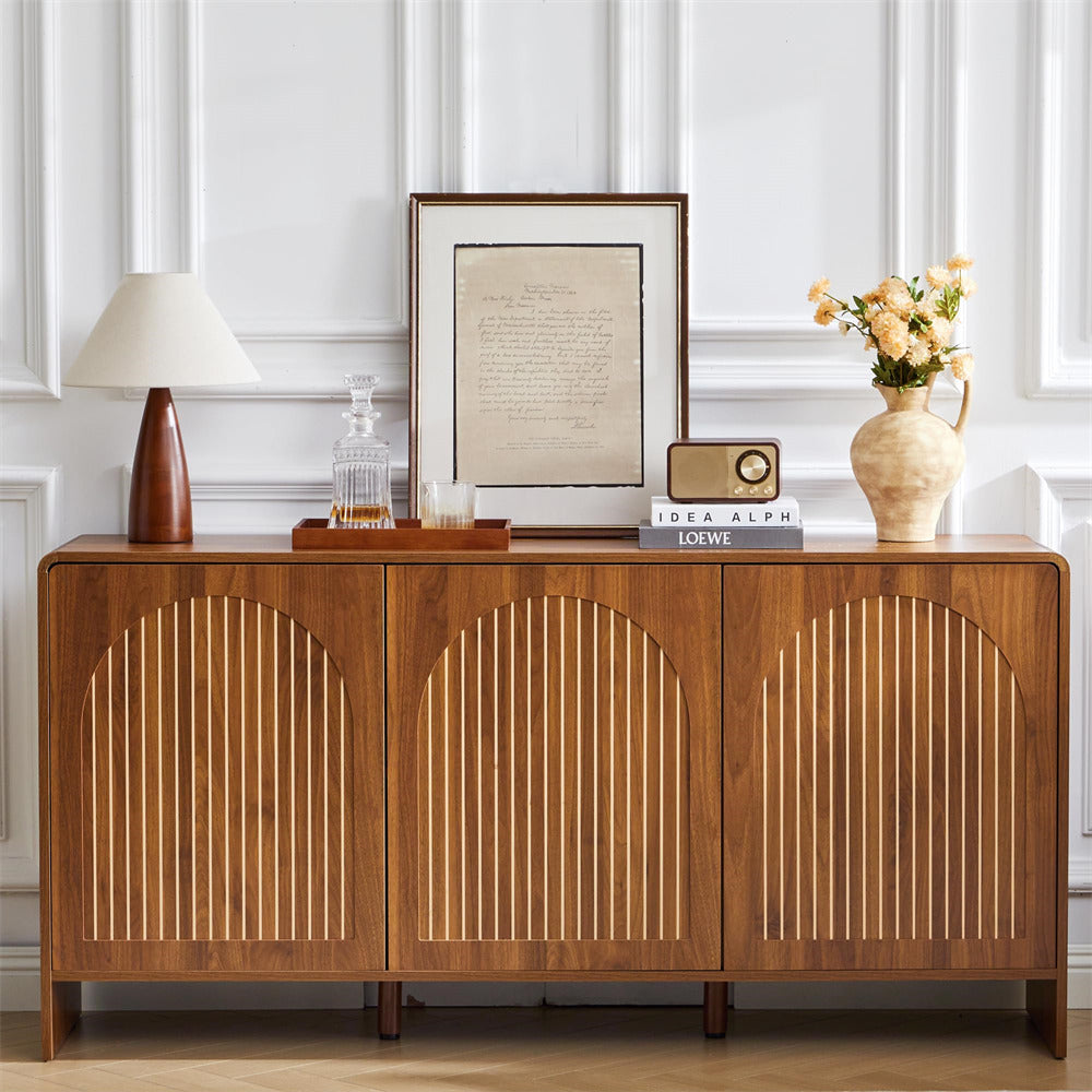Walnut 59" Wood Sideboard Storage Cabinet with 3 Doors and Arched Striped Pattern