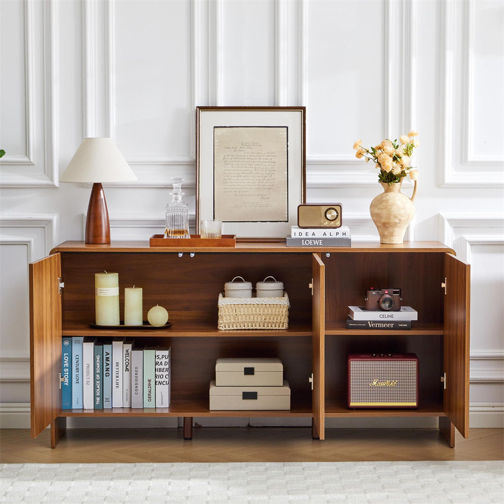 Walnut 59" Wood Sideboard Storage Cabinet with 3 Doors and Arched Striped Pattern