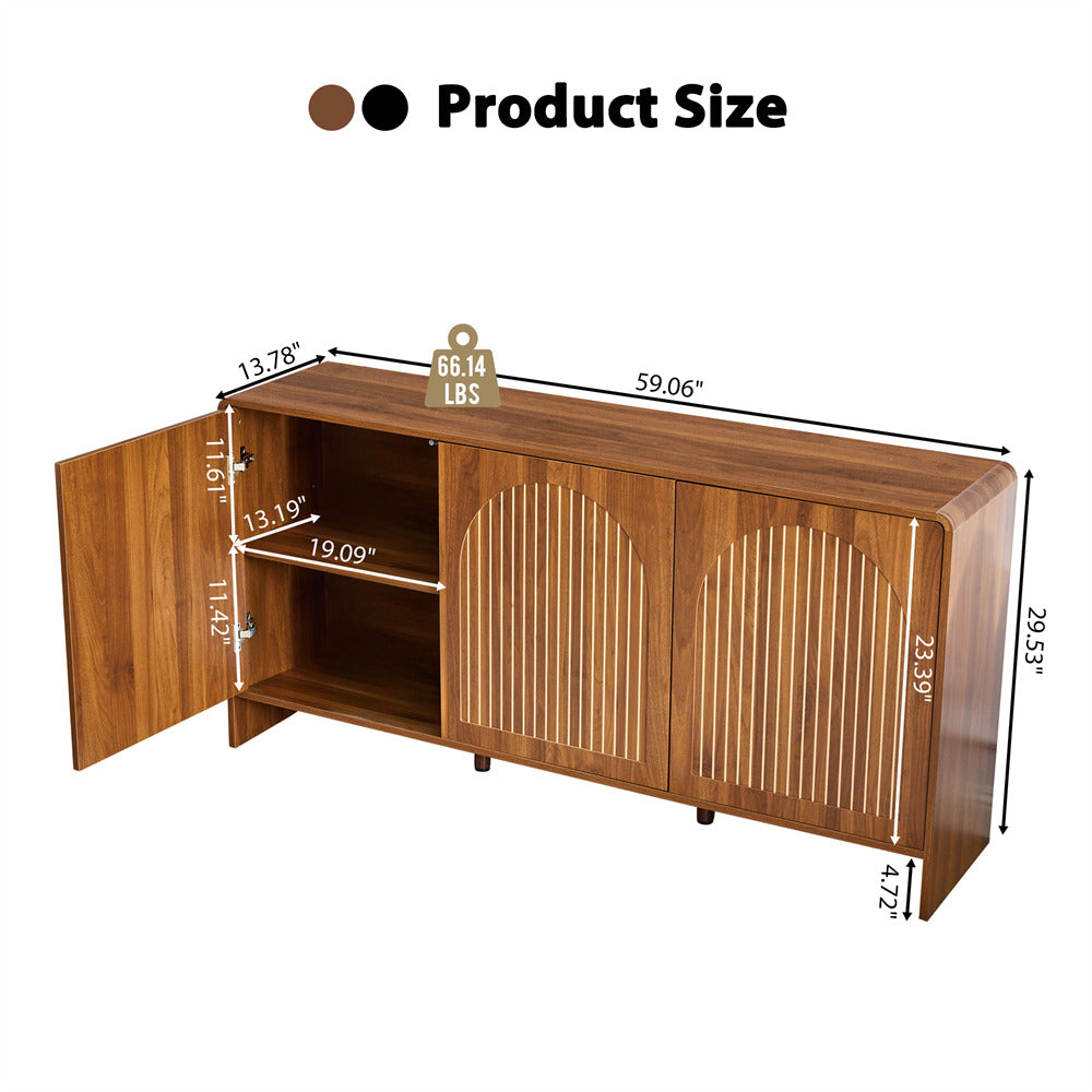 Walnut 59" Wood Sideboard Storage Cabinet with 3 Doors and Arched Striped Pattern