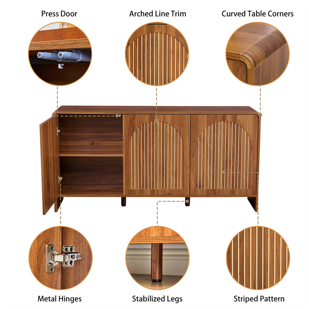 Walnut 59" Wood Sideboard Storage Cabinet with 3 Doors and Arched Striped Pattern