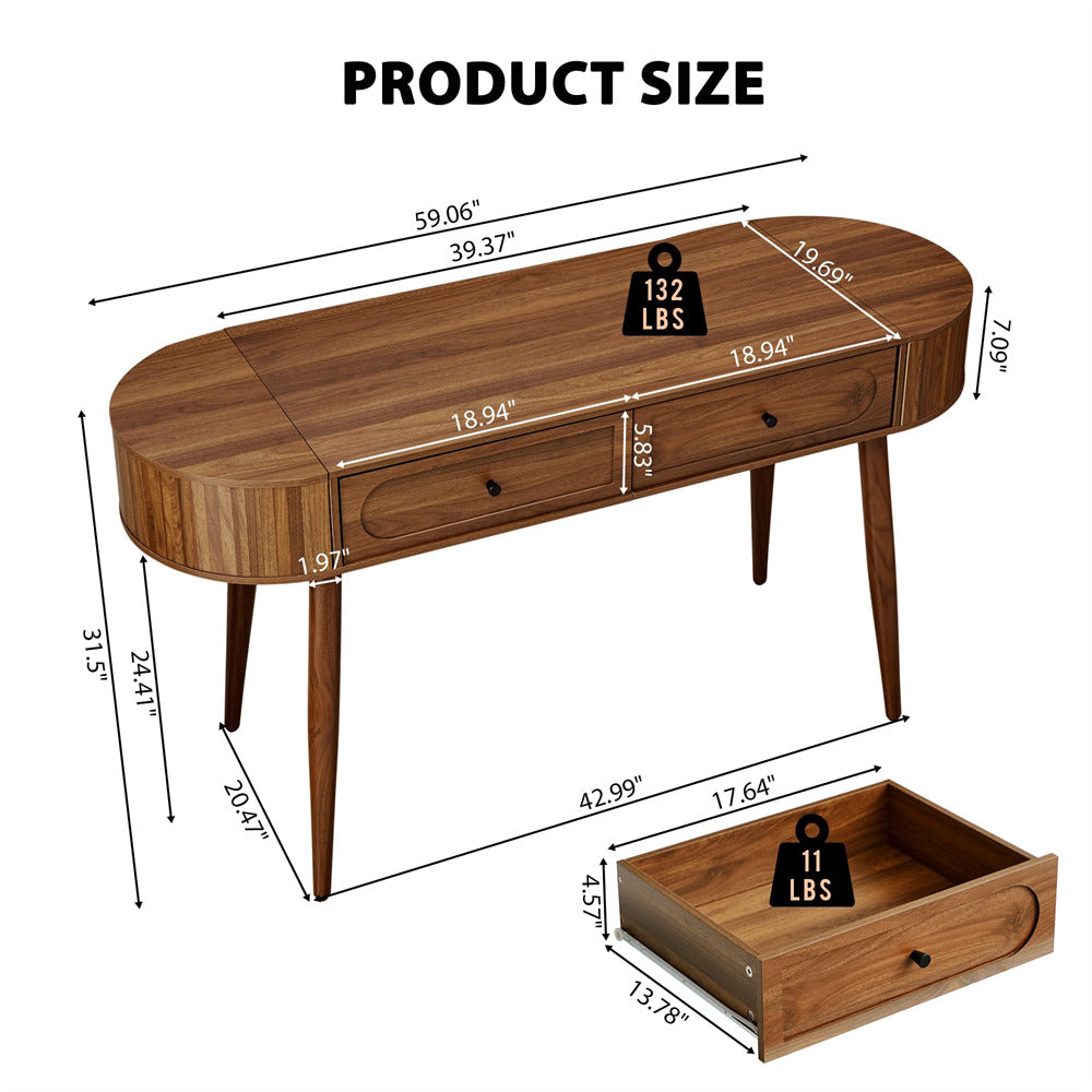 Wooden desk with dimensions and weight indicators on a white background