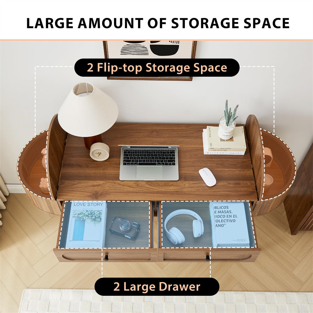 Wooden desk with flip-top storage space and large drawer, featuring a laptop and office items.