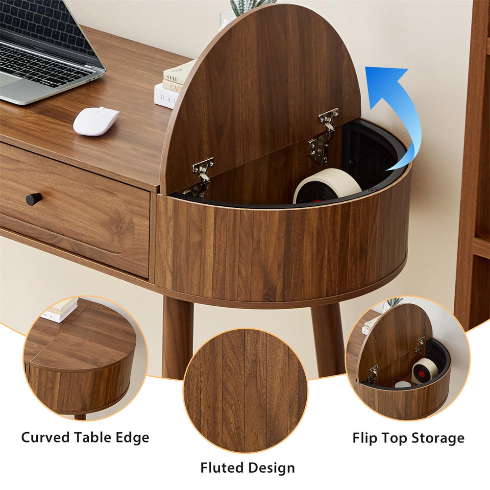 Wooden desk with curved table edge, fluted design, and flip top storage.