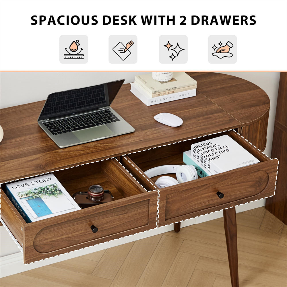 Wooden desk with two drawers, laptop, books, and mouse on a light wood floor.