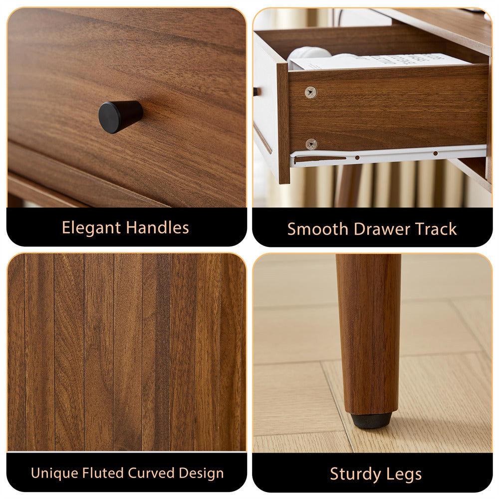 Collage of a wooden drawer with features labeled: Elegant Handles, Smooth Drawer Track, Unique Fluted Curved Design, and Sturdy Legs.