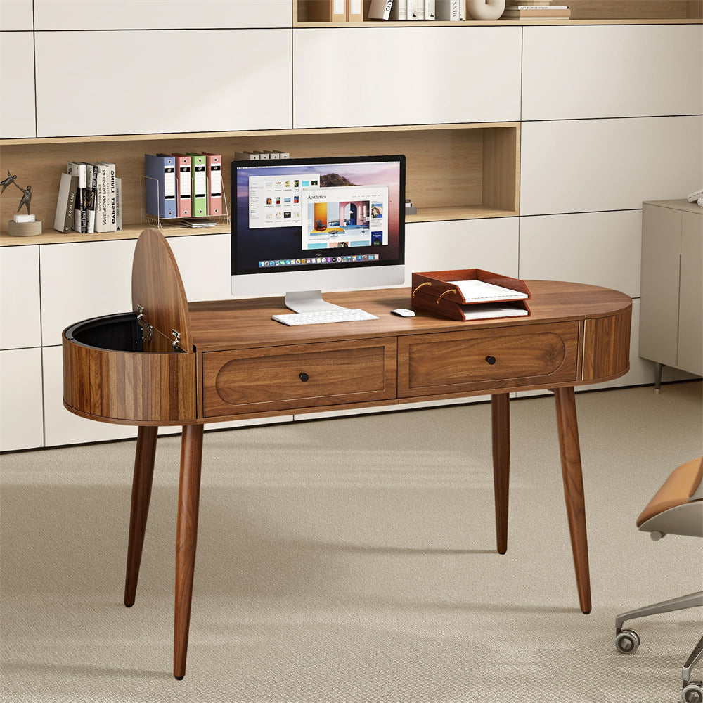 Wooden desk with computer setup in a modern office setting