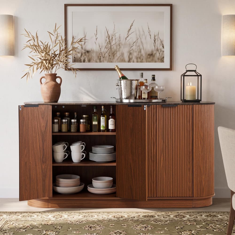 Walnut 59” Modern Wood Fluted Sideboard Curved Credenza with 4 Doors & Adjustable Shelves