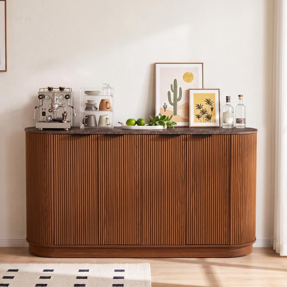 Walnut 59” Modern Wood Fluted Sideboard Curved Credenza with 4 Doors & Adjustable Shelves