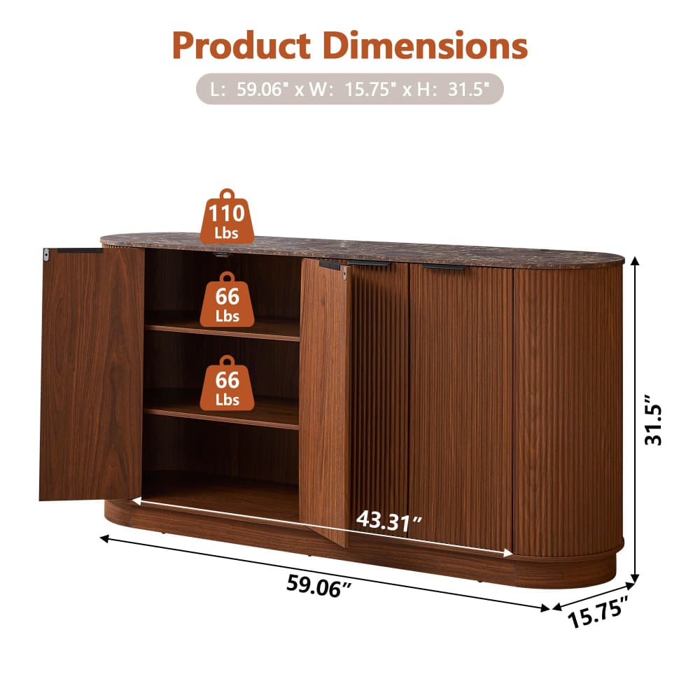 Product dimensions diagram of a brown wooden sideboard cabinet with an open door, showing measurements of 59.06 inches in length, 31.
