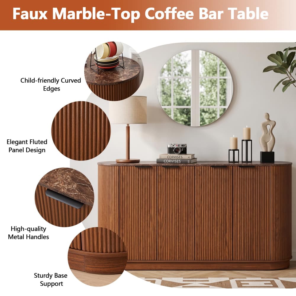 Walnut 59” Modern Wood Fluted Sideboard Curved Credenza with 4 Doors & Adjustable Shelves