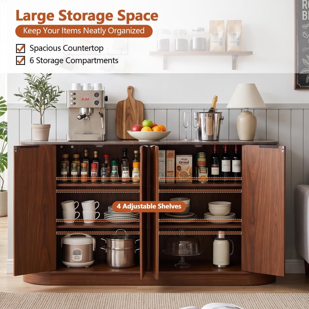 Walnut 59” Modern Wood Fluted Sideboard Curved Credenza with 4 Doors & Adjustable Shelves