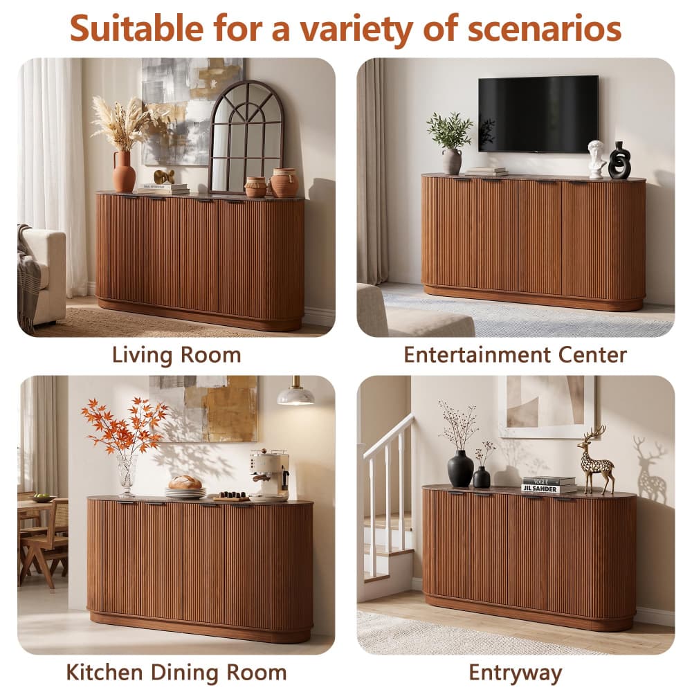 Walnut 59” Modern Wood Fluted Sideboard Curved Credenza with 4 Doors & Adjustable Shelves